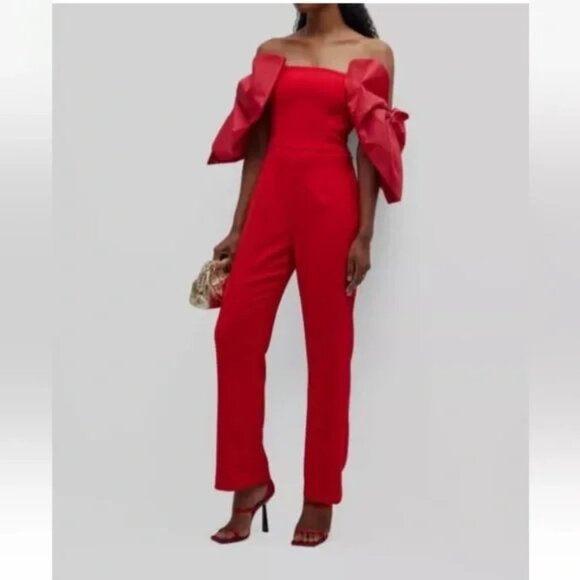 NWT $995 Toccin NY Women's Red Ruffled Bow Strapless Jumpsuit, Size 8
